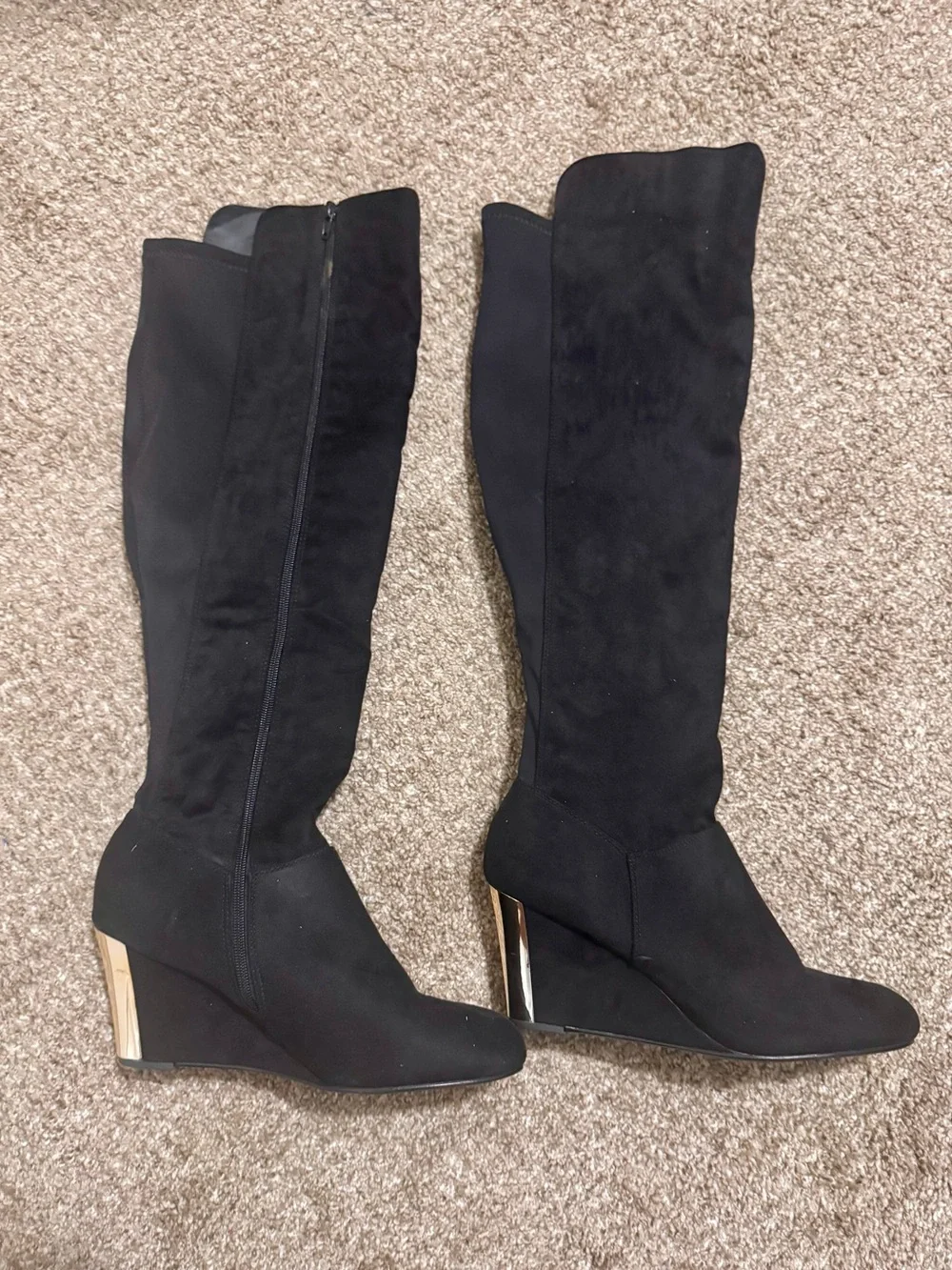 Black Suede Knee-High Wedge Boots